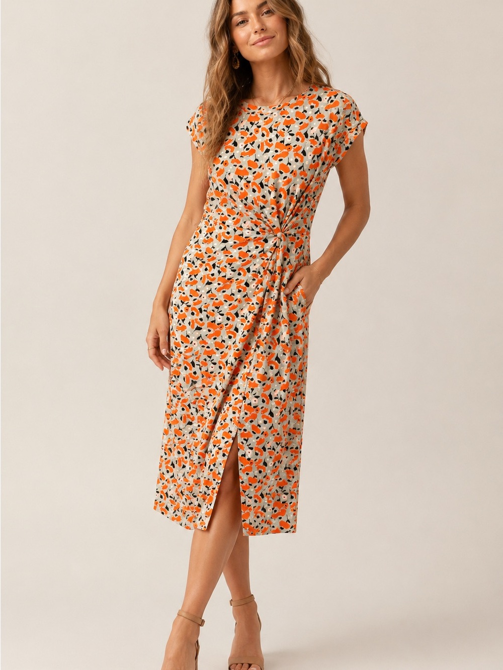 Tanya Taylor Twist-Front Midi Dress in Orange